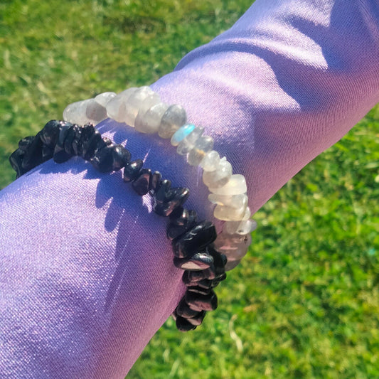 🖤 Black Tourmaline & Labradorite 💙Raw Crystal Bracelets, set of 2. one size fits all.