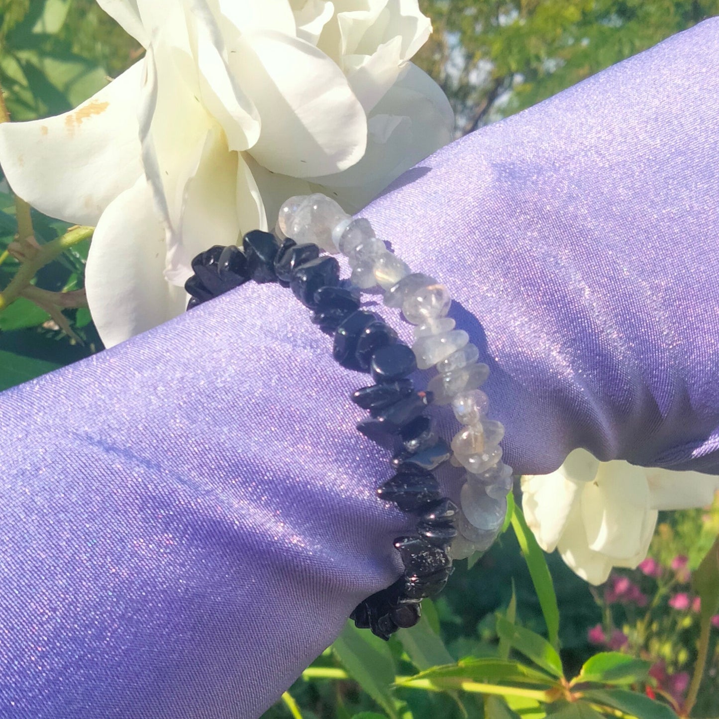 🖤 Black Tourmaline & Labradorite 💙Raw Crystal Bracelets, set of 2. one size fits all.