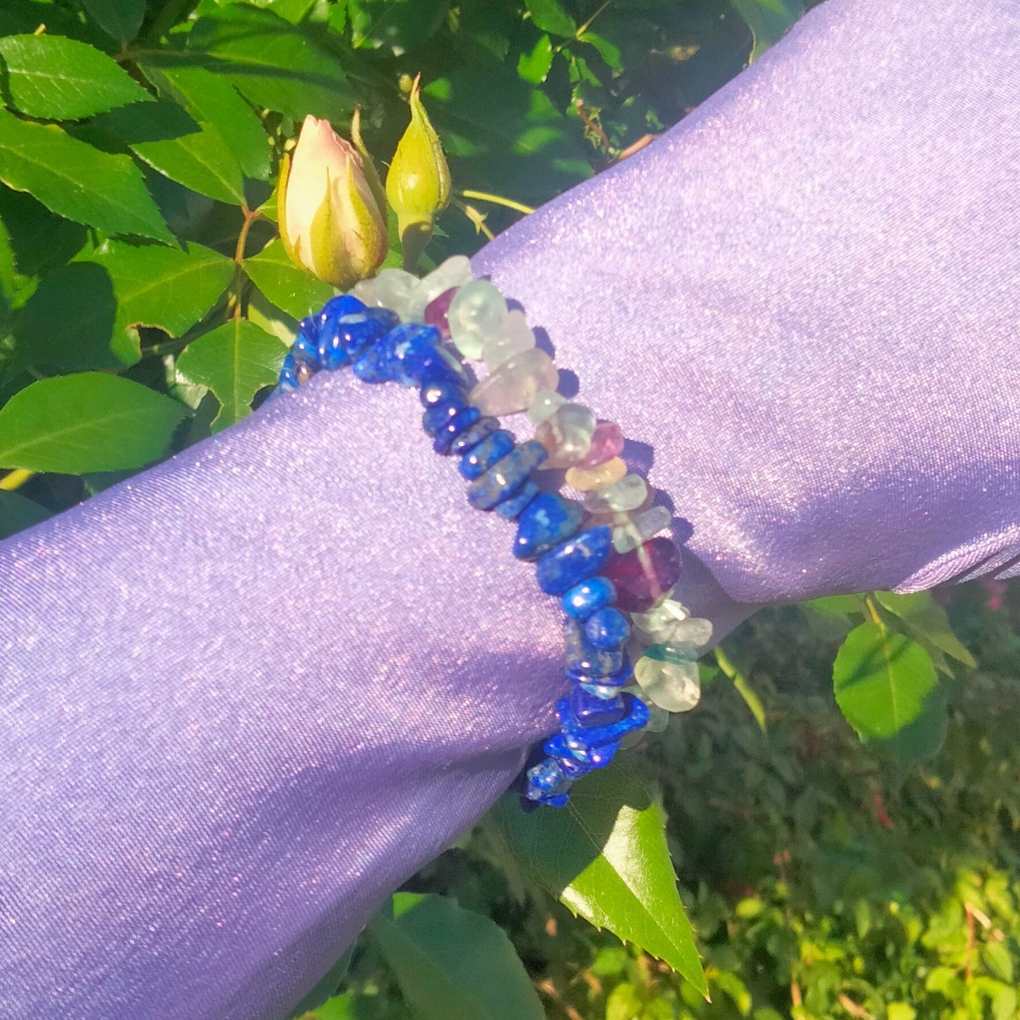 Uncut polished Fluorite and Lapis Lazuli Bracelets, set of 2. one size fits most.