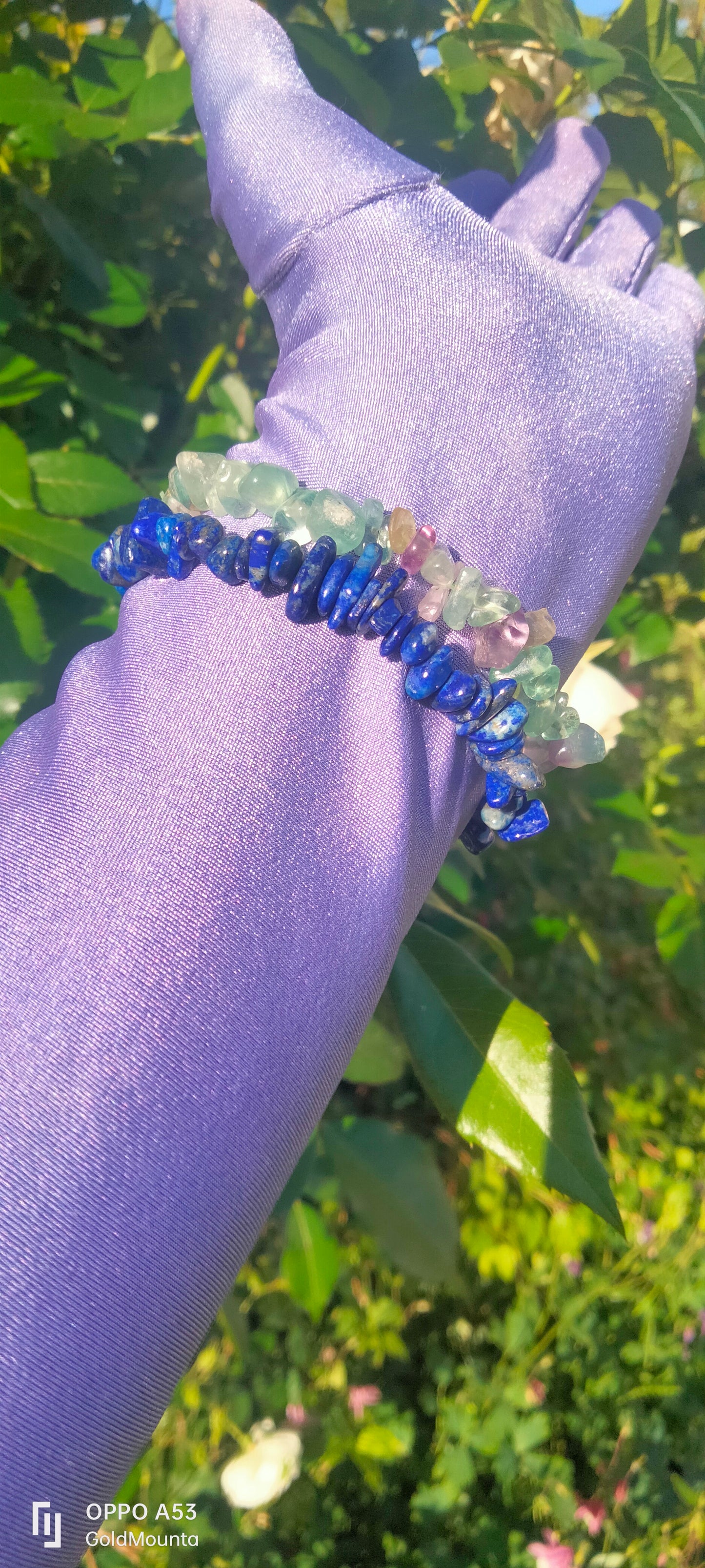 Uncut polished Fluorite and Lapis Lazuli Bracelets, set of 2. one size fits most.