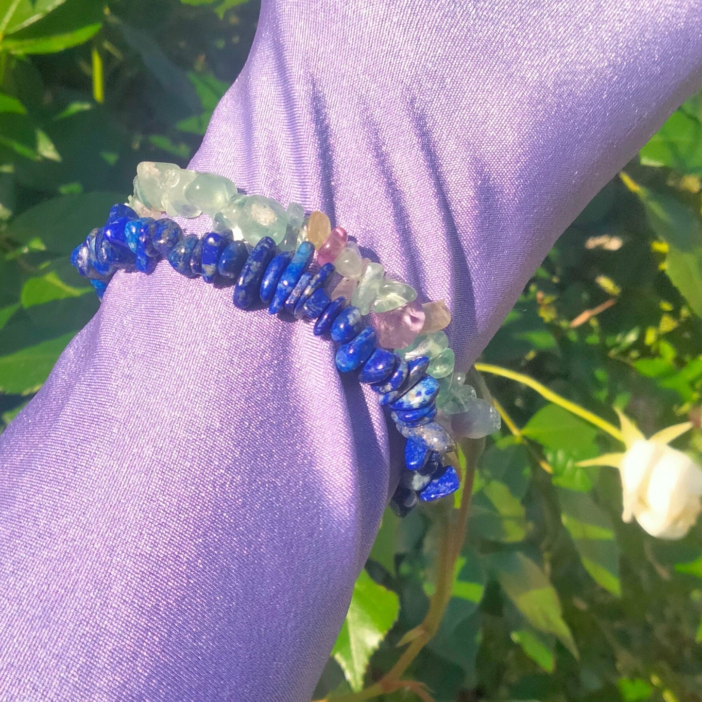 Uncut polished Fluorite and Lapis Lazuli Bracelets, set of 2. one size fits most.