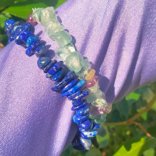 Uncut polished Fluorite and Lapis Lazuli Bracelets, set of 2. one size fits most.