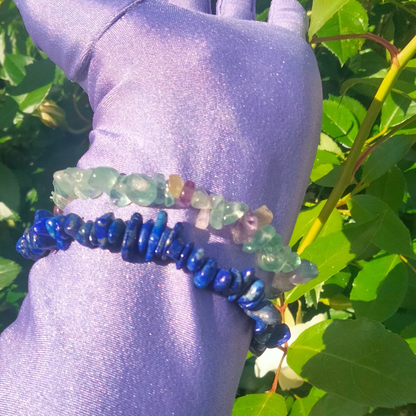 Uncut polished Fluorite and Lapis Lazuli Bracelets, set of 2. one size fits most.