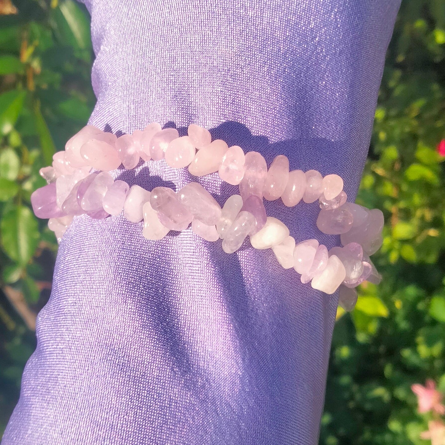 Uncut polished Lavender Quartz and Ice-Rose Quartz Bracelets, set of 2. one size fits most.