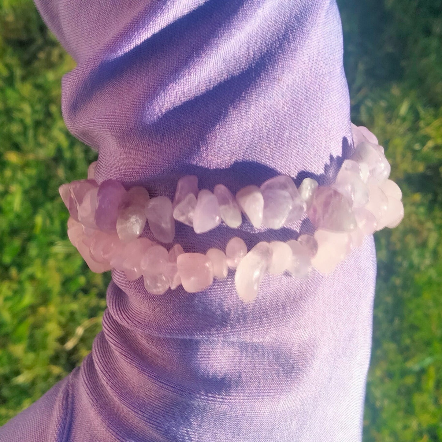 Uncut polished Lavender Quartz and Ice-Rose Quartz Bracelets, set of 2. one size fits most.