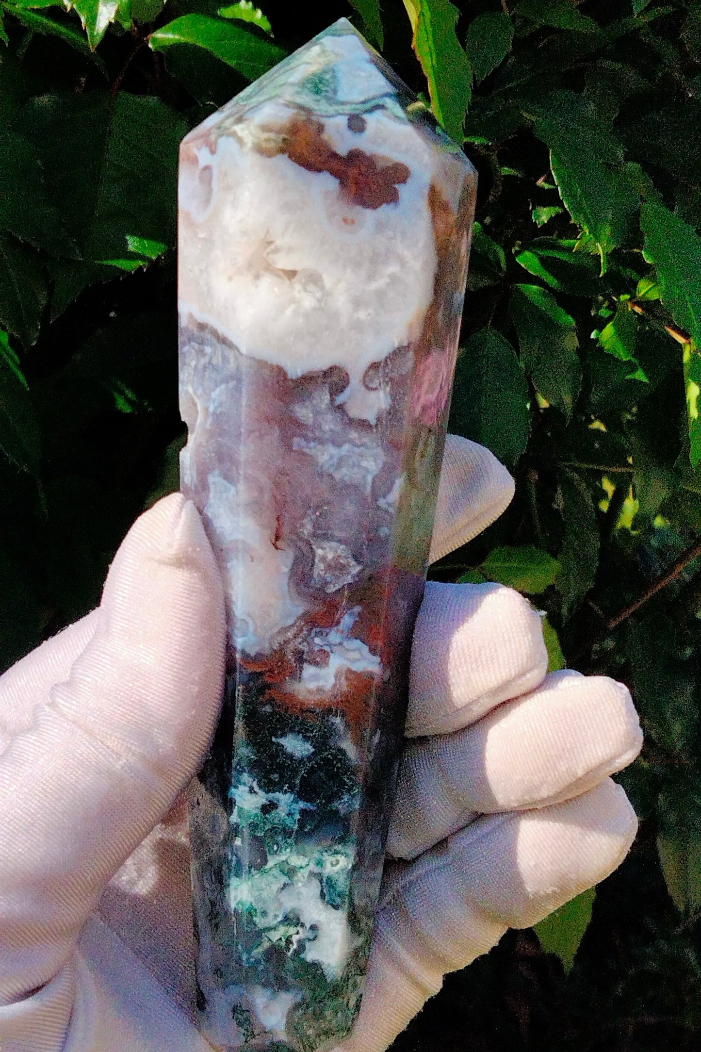 🌿✨ Moss Agate wand Stunning colours and Vugs. The Stone of New Beginnings! ✨🌿N.3