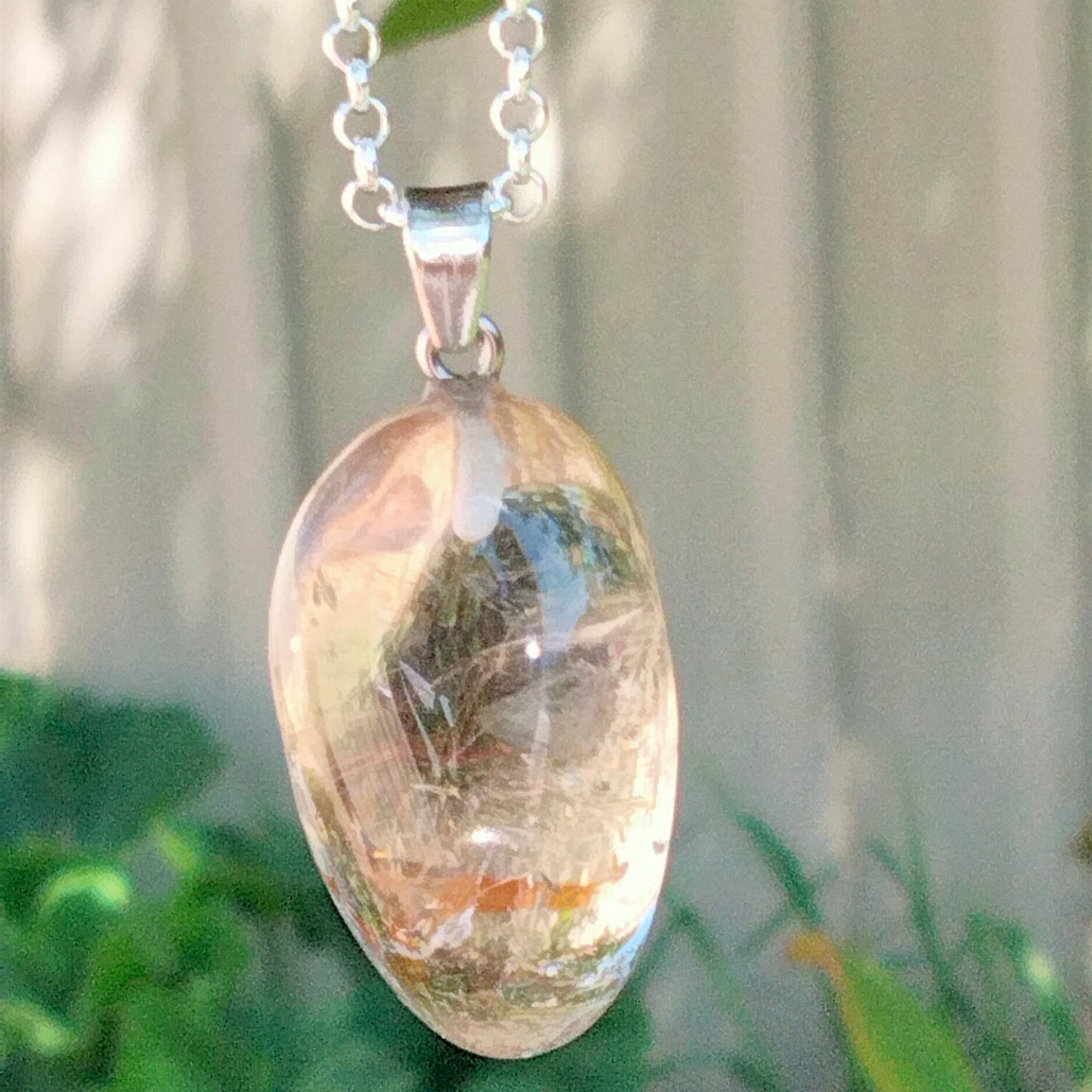 ✨ Stunning Clear Quartz Pendant with Gold Titanium Rutile ✨FREE Chain.