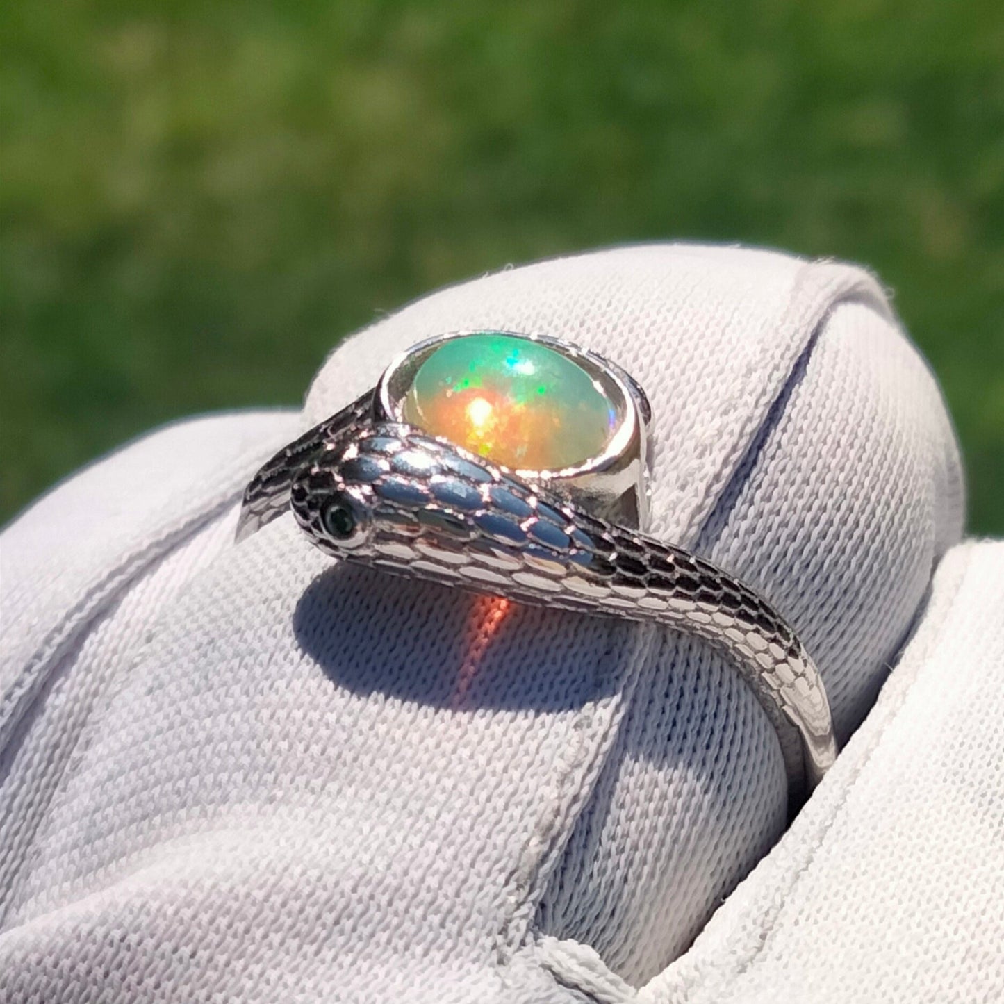 ✨ 925 Sterling Silver Snake Carved Ring with Ethiopian Opal Gemstone ✨