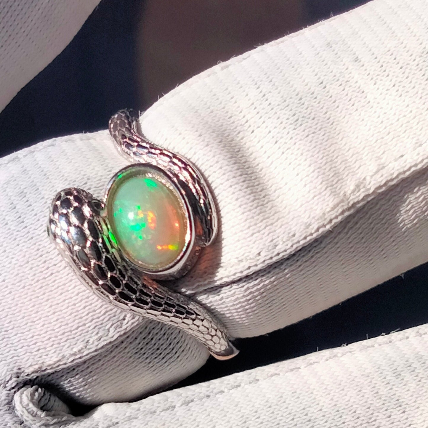 ✨ 925 Sterling Silver Snake Carved Ring with Ethiopian Opal Gemstone ✨