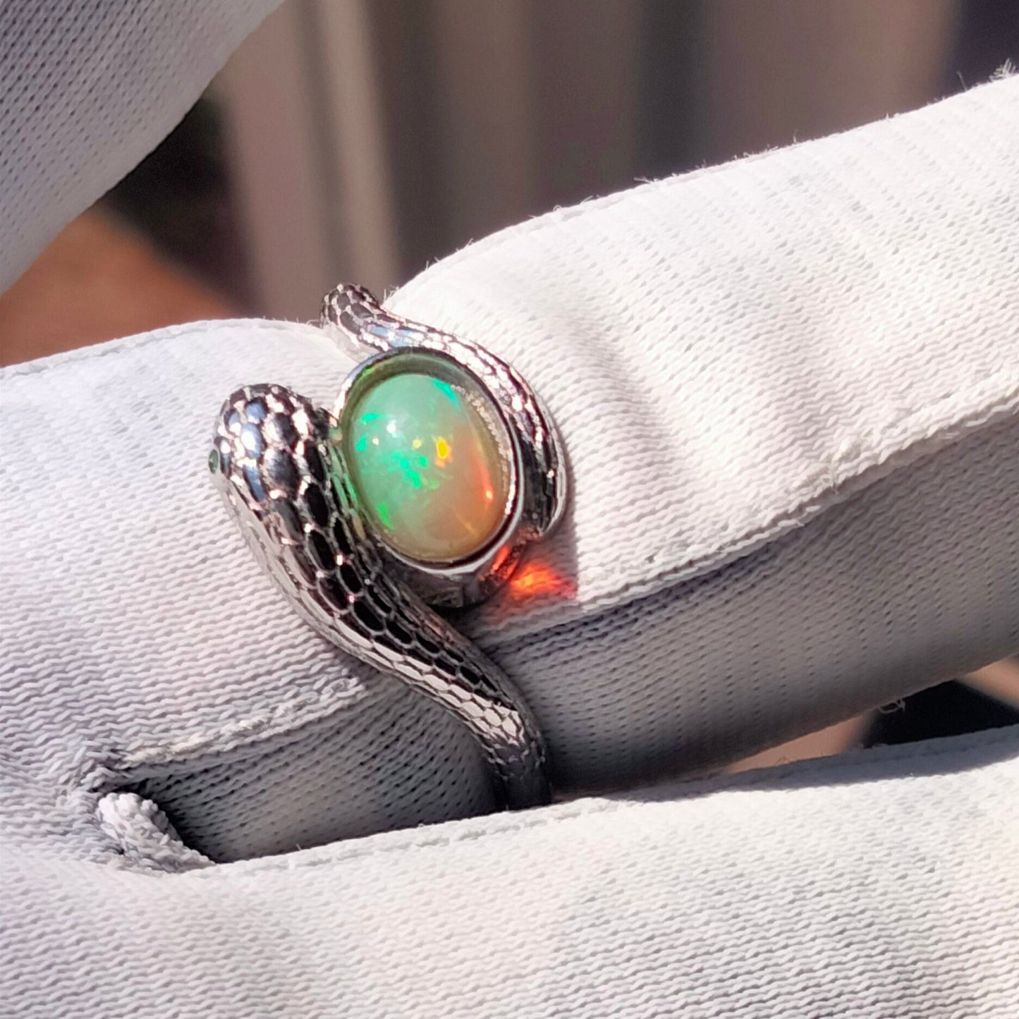 ✨ 925 Sterling Silver Snake Carved Ring with Ethiopian Opal Gemstone ✨