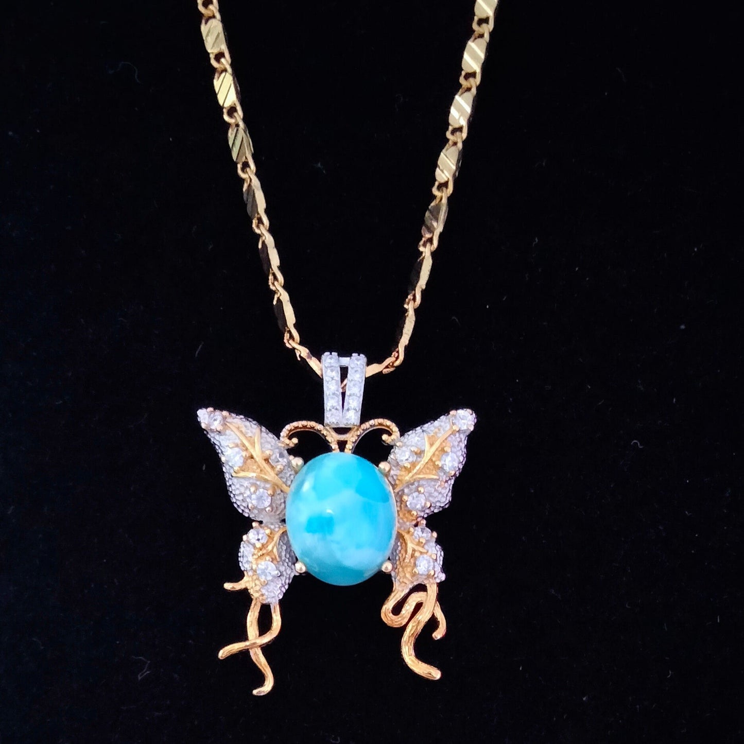 🌊 Larimar & Rock Crystal Butterfly Pendant includes 18K Gold Chain.🌟