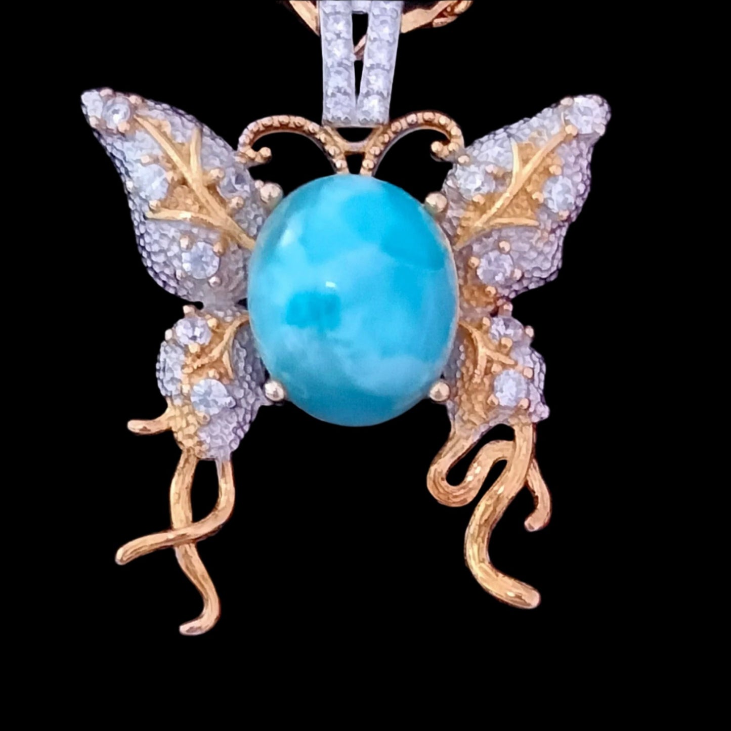 🌊 Larimar & Rock Crystal Butterfly Pendant includes 18K Gold Chain.🌟