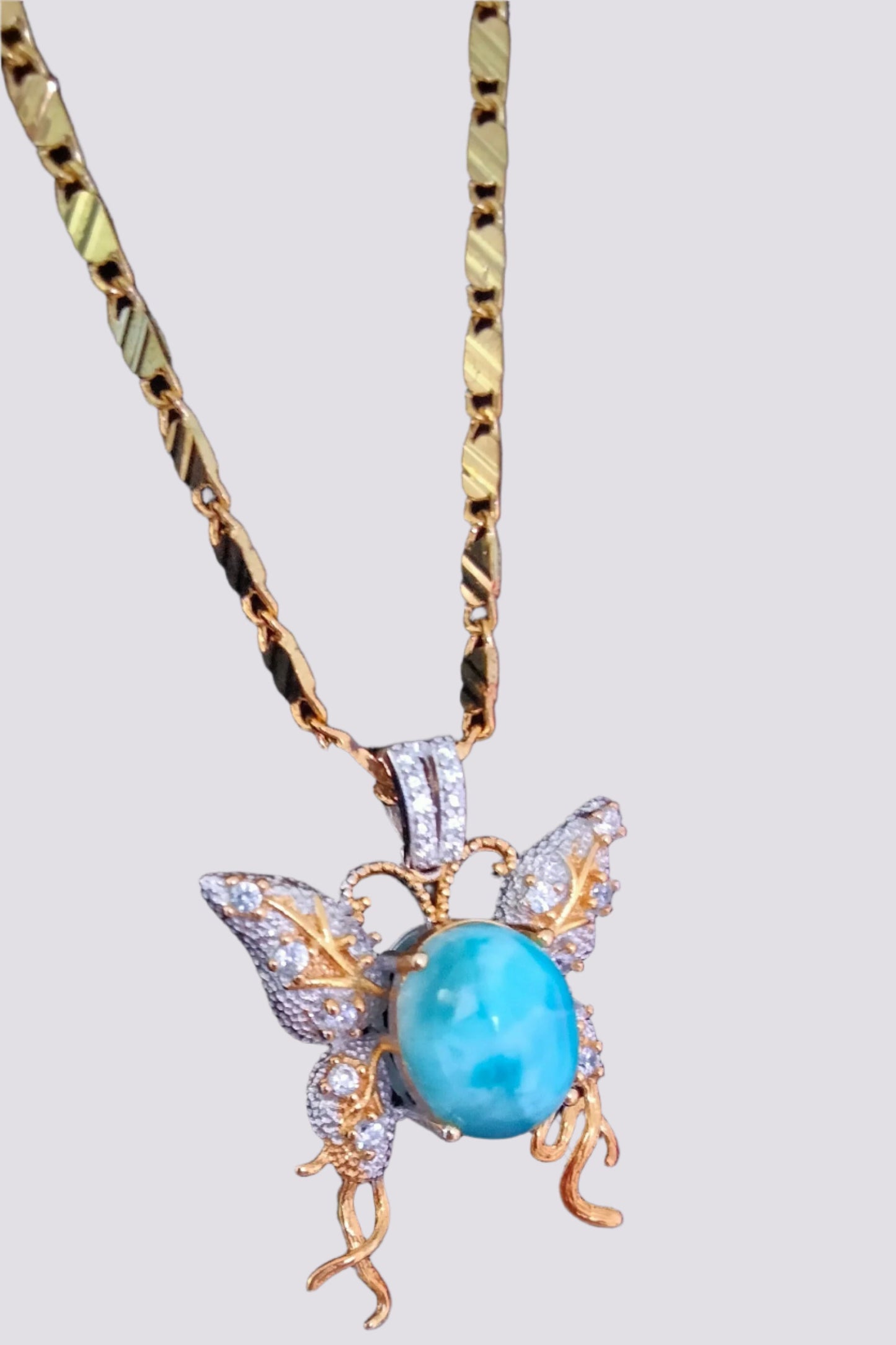 🌊 Larimar & Rock Crystal Butterfly Pendant includes 18K Gold Chain.🌟