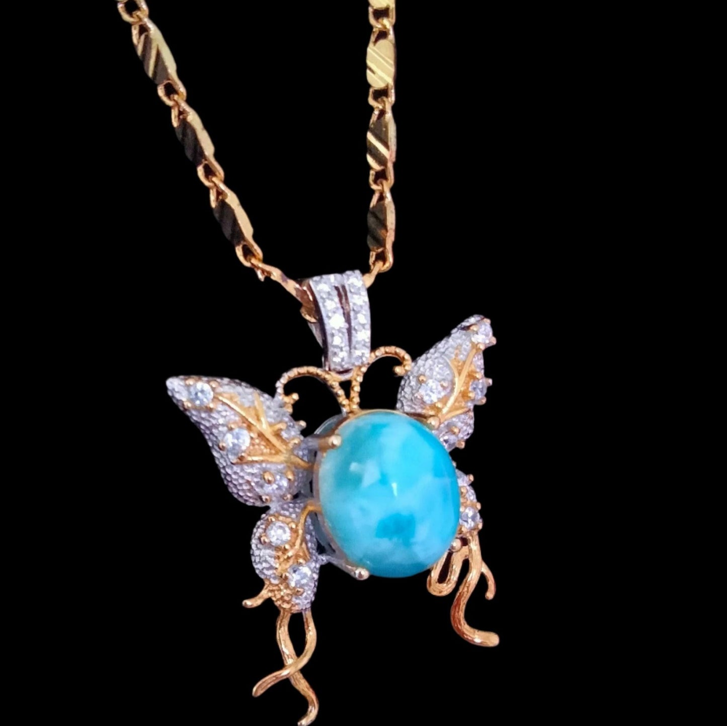 🌊 Larimar & Rock Crystal Butterfly Pendant includes 18K Gold Chain.🌟