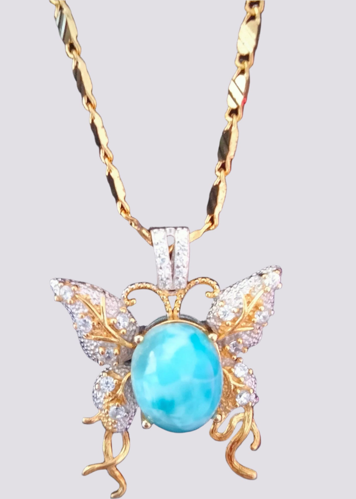 🌊 Larimar & Rock Crystal Butterfly Pendant includes 18K Gold Chain.🌟