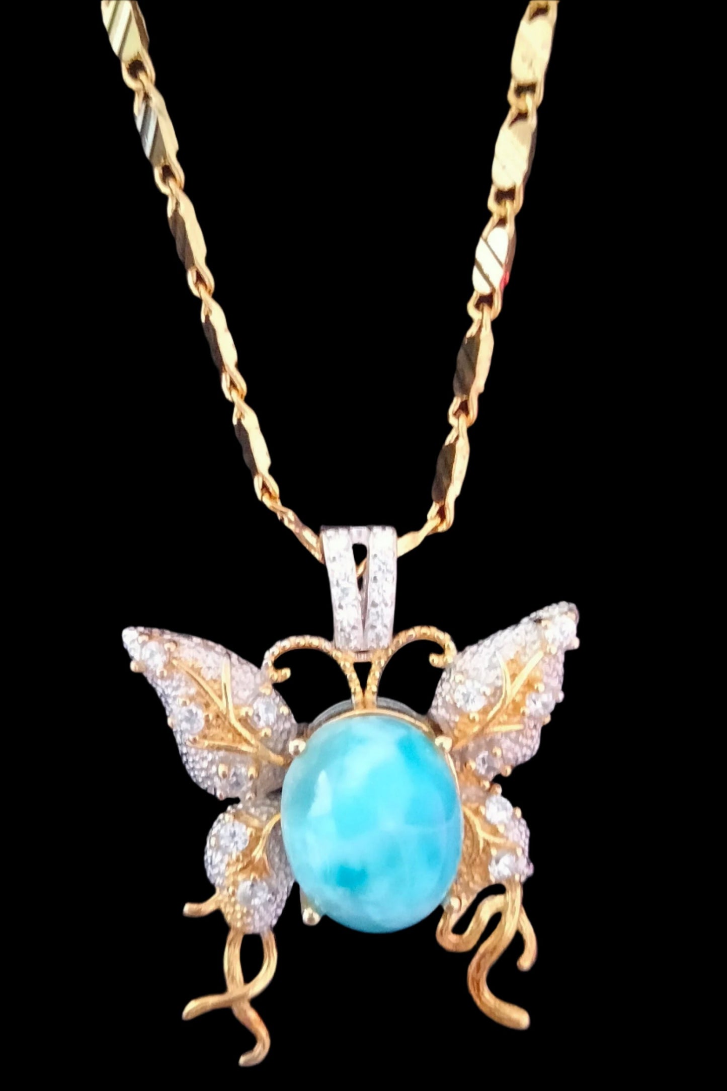 🌊 Larimar & Rock Crystal Butterfly Pendant includes 18K Gold Chain.🌟