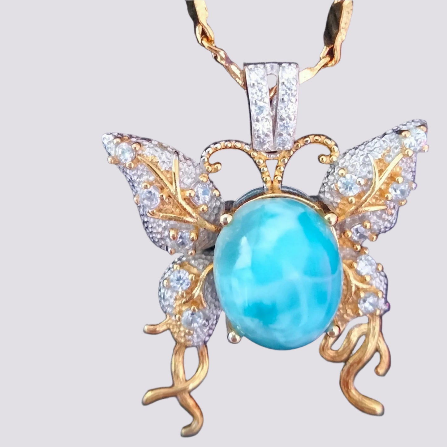 🌊 Larimar & Rock Crystal Butterfly Pendant includes 18K Gold Chain.🌟