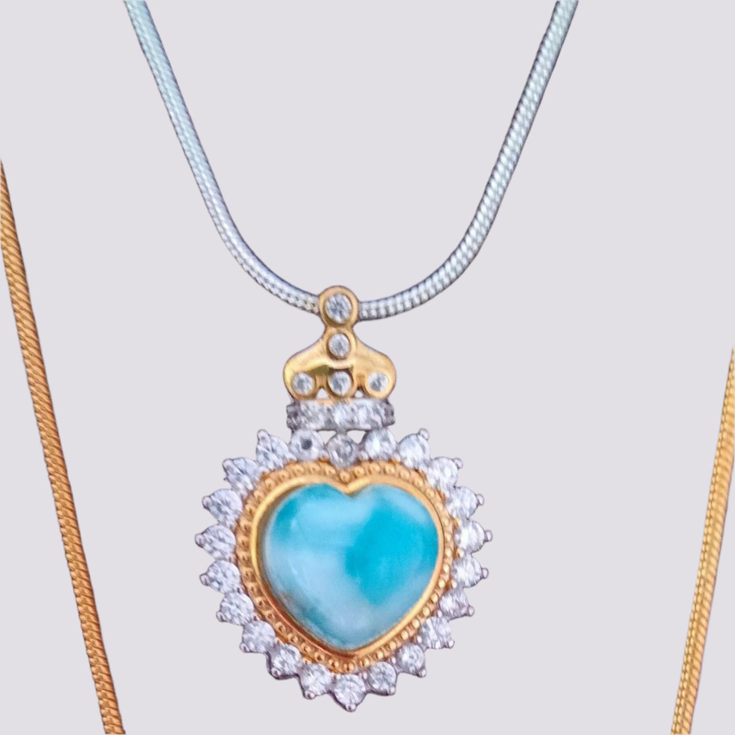 🌊 Larimar & Rock Crystal Heart Pendant includes, 18k White Gold or 18k Yellow Gold Chain.🌟