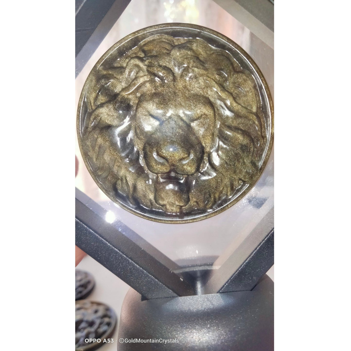 gold sheen obsidian lion carving disc and frame