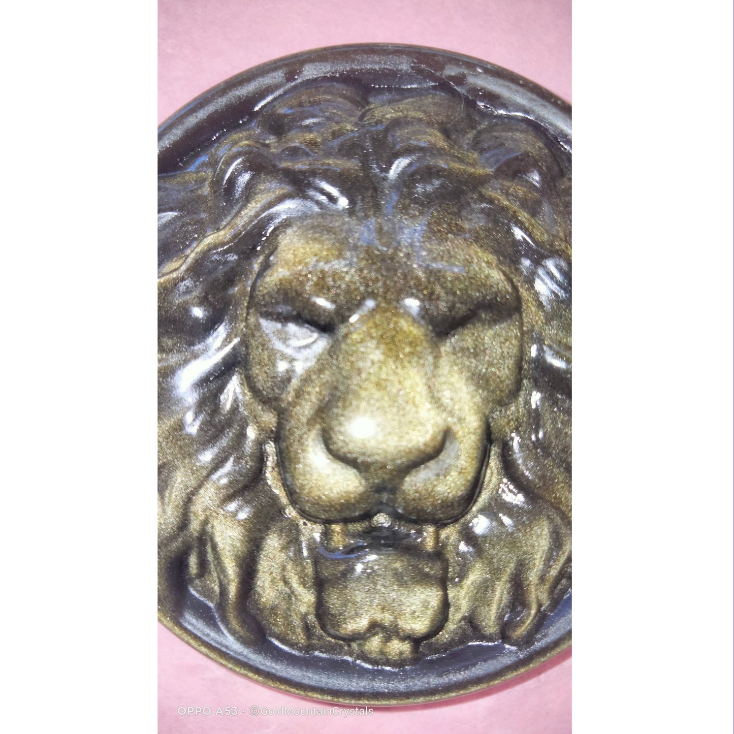 gold sheen obsidian lion carving and display frame