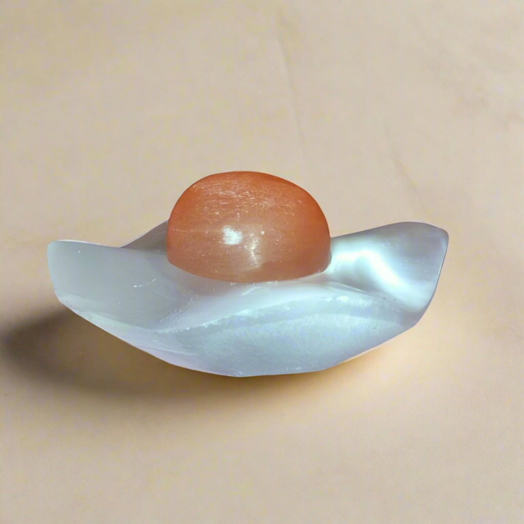 Novelty Sunnyside Up Selenite Poached Egg - Gold Mountain Crystals