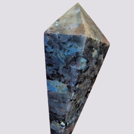 Last One Available Large Larvikite Pendulum Point with blue feldspar Flash. - Gold Mountain Crystals