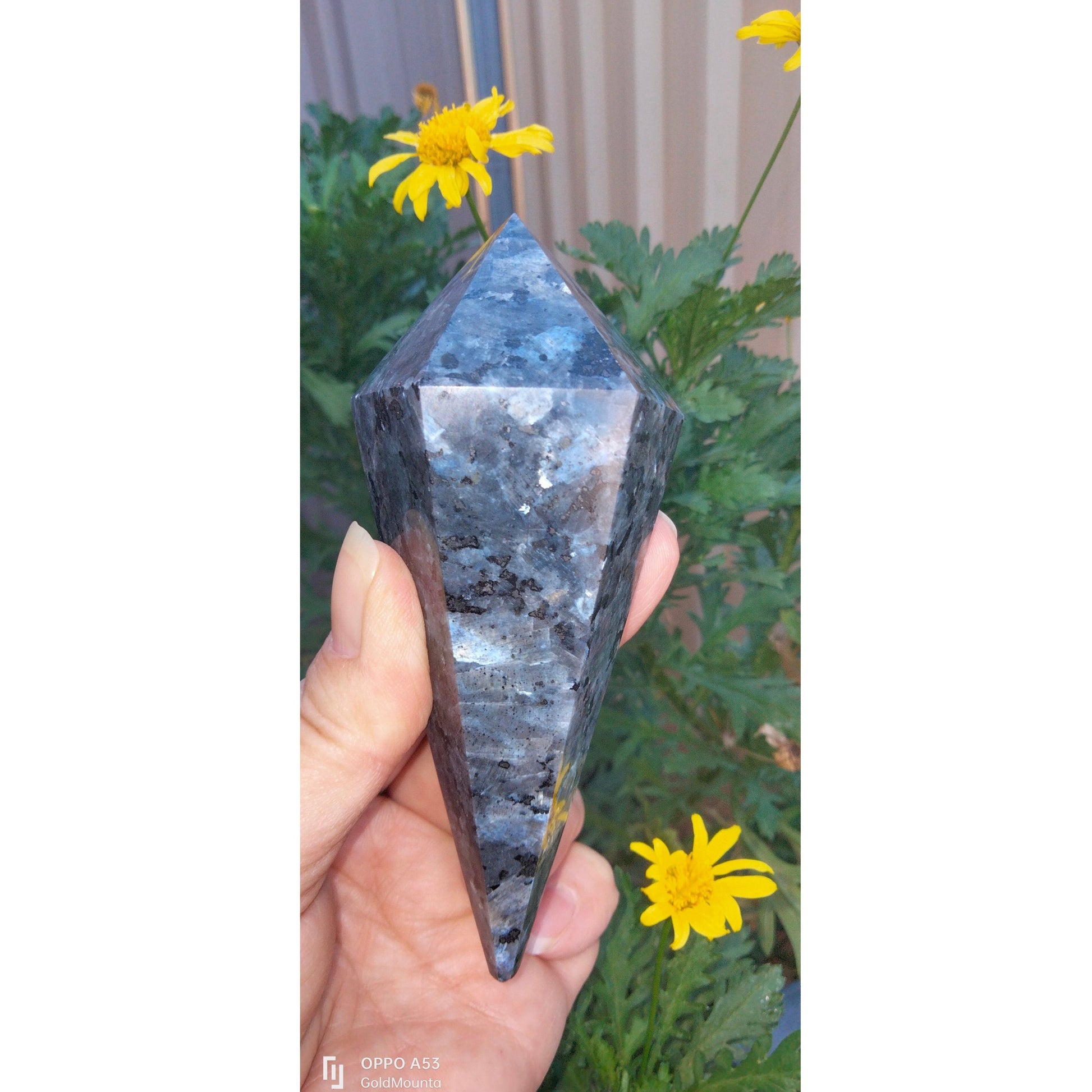 Last One Available Large Larvikite Pendulum Point with blue feldspar Flash. - Gold Mountain Crystals