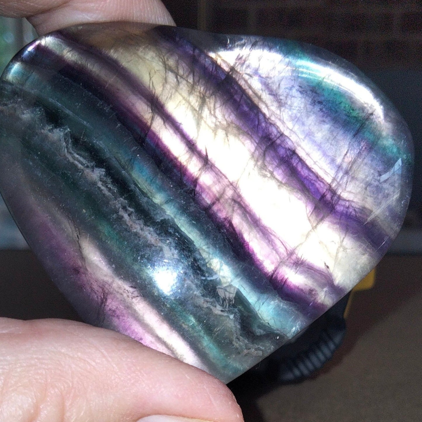 Rainbow fluorite heart with rare blue