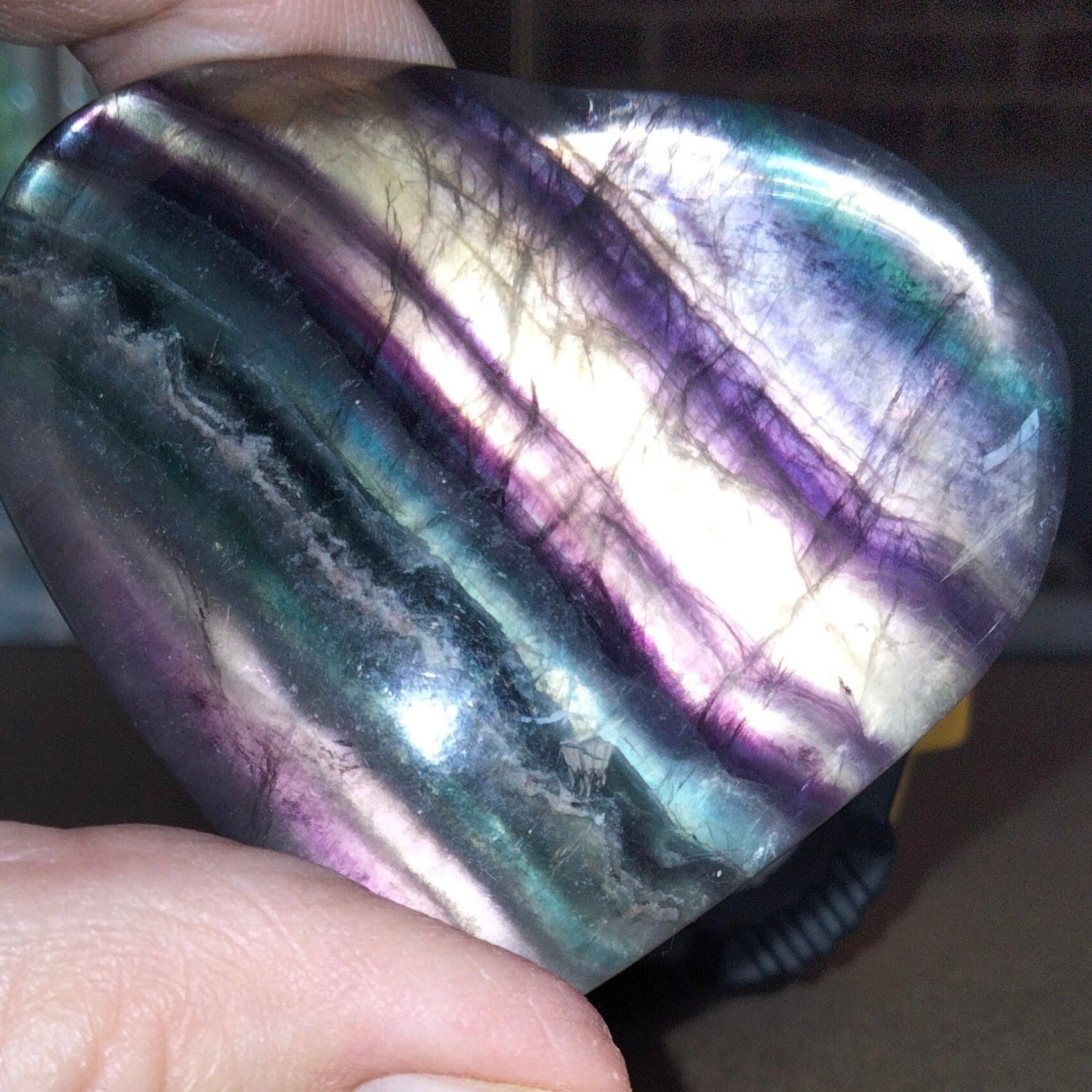 Rainbow fluorite heart with rare blue