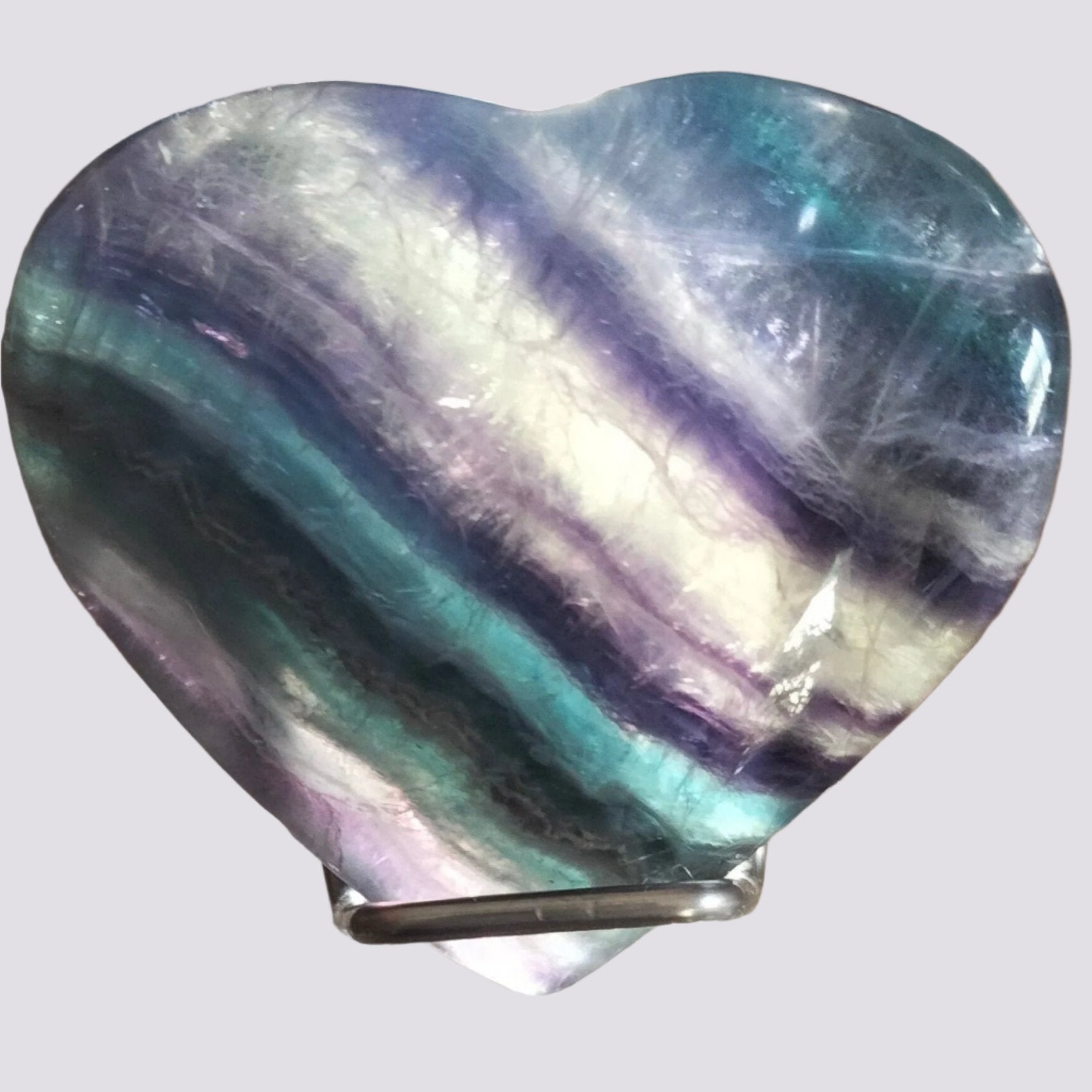 Rainbow fluorite heart with rare blue