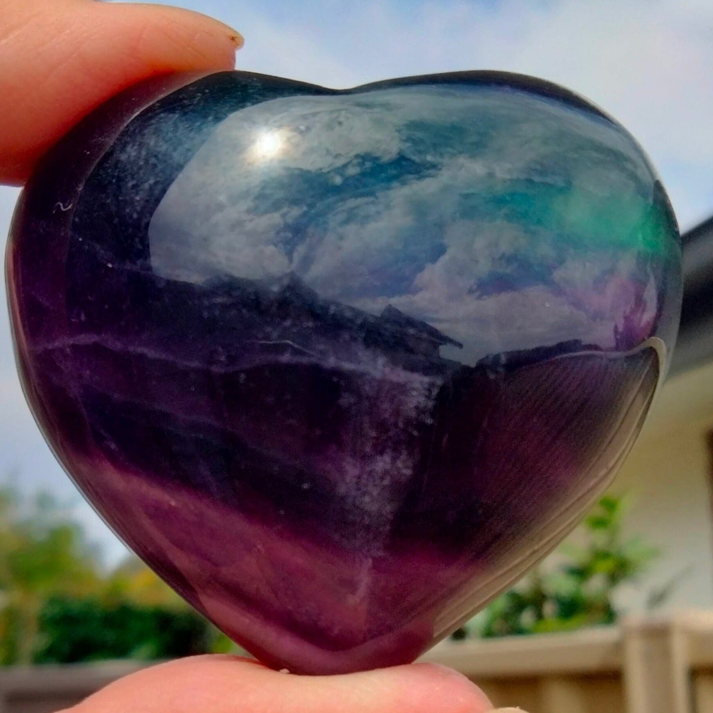 Rainbow fluorite heart with rare blue.